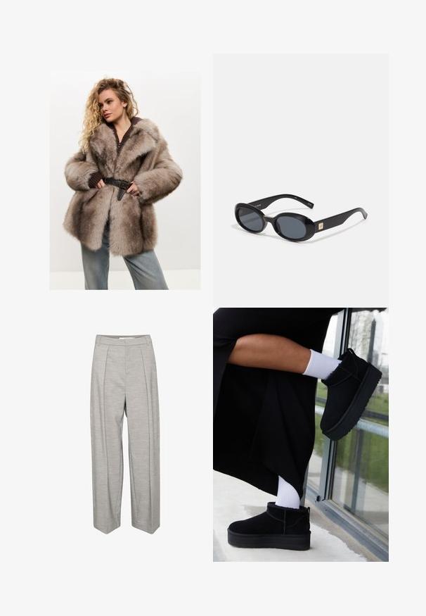 Cesare Gaspari Zimní kabát - brown; Intimissimi U-BOOT-AUSSCHNITT - Top s dlouhým rukávem - black; Světle šedé kalhoty s širokými nohavicemi a hladkým povrchem, které mají dva přední sklady, pas a rovně střižené nohavice.; Černé semišové kotníkové boty s plochou podešví, s zadním poutkem, nošené s bílými kotníkovými ponožkami na minimalistickém pozadí.; Černé oválné sluneční brýle s tmavými skly, lesklým plastovým rámem, širokými stranami a malým zlatým detailem na jedné straně.
