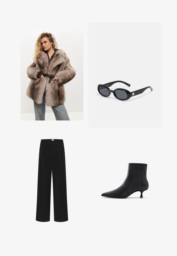 Cesare Gaspari Abrigo de invierno - brown; Intimissimi CHRISTMAS - Camiseta de manga larga - black; Pantalones de pierna ancha negros con cintura alta, pliegues y una textura suave. Diseño minimalista sin patrones ni herrajes visibles.; ALDO EMMALIE - Botines - black; Gafas de sol negras en forma ovalada con lentes oscuros, montura de plástico brillante, brazos anchos y un pequeño acento dorado en un lado.