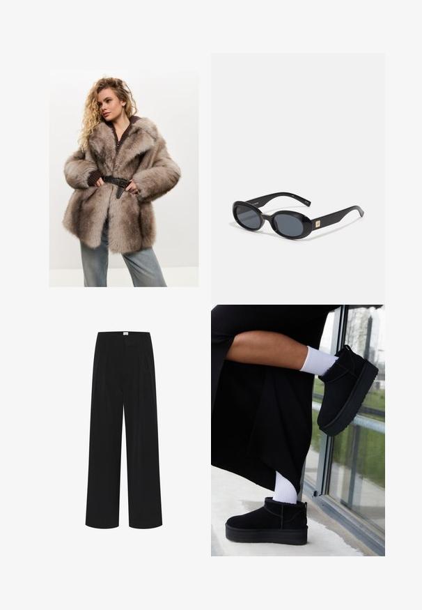 Cesare Gaspari Abrigo de invierno - brown; Intimissimi ULTRALIGHT - Camiseta de manga larga - black; Pantalones de pierna ancha negros con cintura alta, pliegues y una textura suave. Diseño minimalista sin patrones ni herrajes visibles.; Botas negras de ante hasta el tobillo con suela plana, con una asa en la parte posterior, luciendo calcetines blancos hasta el tobillo en un fondo minimalista.; Gafas de sol negras en forma ovalada con lentes oscuros, montura de plástico brillante, brazos anchos y un pequeño acento dorado en un lado.