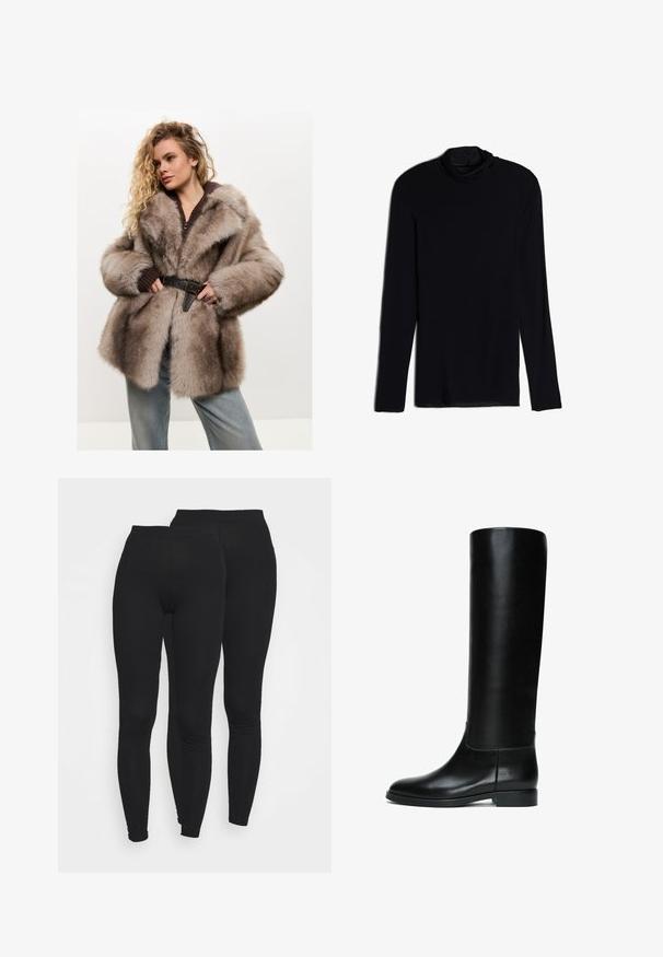 Cesare Gaspari Winter coat - brown; Black long-sleeve top with a cowl neck, made from a soft, smooth fabric; fitted design with straight hem and no visible seams.; Black leggings with an elastic waistband, made of a smooth, stretchy fabric. Features a fitted design tapering at the ankles.; Knee-high black leather boots with a smooth texture, rounded toe, and flat sole. Minimalist design without visible hardware or accents.