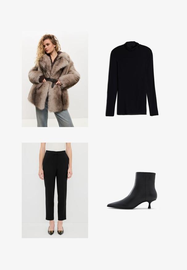 Cesare Gaspari Wintermantel - brown; Zwarte langemouwen top met een cowlneck, gemaakt van een zachte, gladde stof; aansluitend ontwerp met rechte zoom en geen zichtbare naden.; Zwarte op maat gemaakte broek met een gladde stof, rechte snit en een platte tailleband. Gekenmerkt door het combineren met zwarte puntige hakken met gouden accenten.; ALDO EMMALIE - Lage laarzen - black