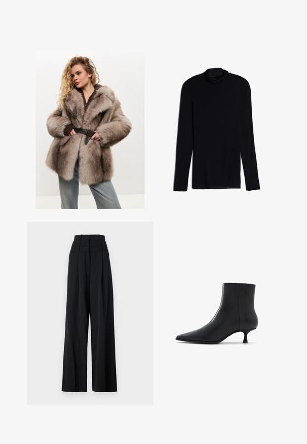 Cesare Gaspari - Płaszcz zimowy; Czarny top z długim rękawem i dekoltem w serek, wykonany z miękkiego, gładkiego materiału; dopasowany krój z prostym dołem i bez widocznych szwów.; Czarne spodnie szerokie z wysokim stanem, z fałdami z przodu i gładką teksturą. Brak widocznych logo lub wzorów.; ALDO EMMALIE czarny