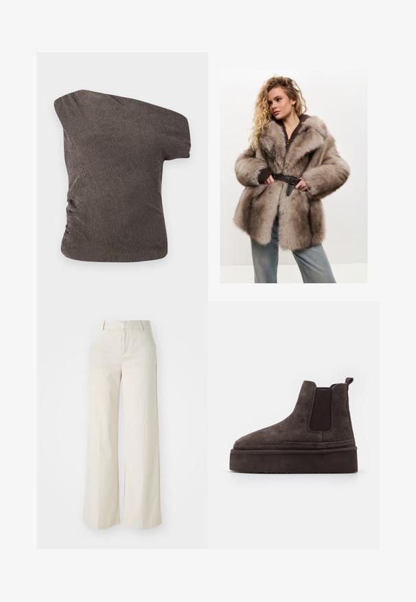 Cesare Gaspari Geacă - brown; Top brown, cu umăr unic, dintr-un material texturat, creponat; prezintă un detaliu pliat pe laterale și o siluetă ajustată.; Pantaloni cu picioare largi, de culoare bej deschis, dintr-un material neted. Prezintă un brâu clasic și un față plată cu linii curate.; Cizme Chelsea din suede maro, cu panouri elastice pe laterale și o talpă groasă, texturată. Dispun de un obiect de prindere la călcâi pentru a facilita îmbrăcarea.