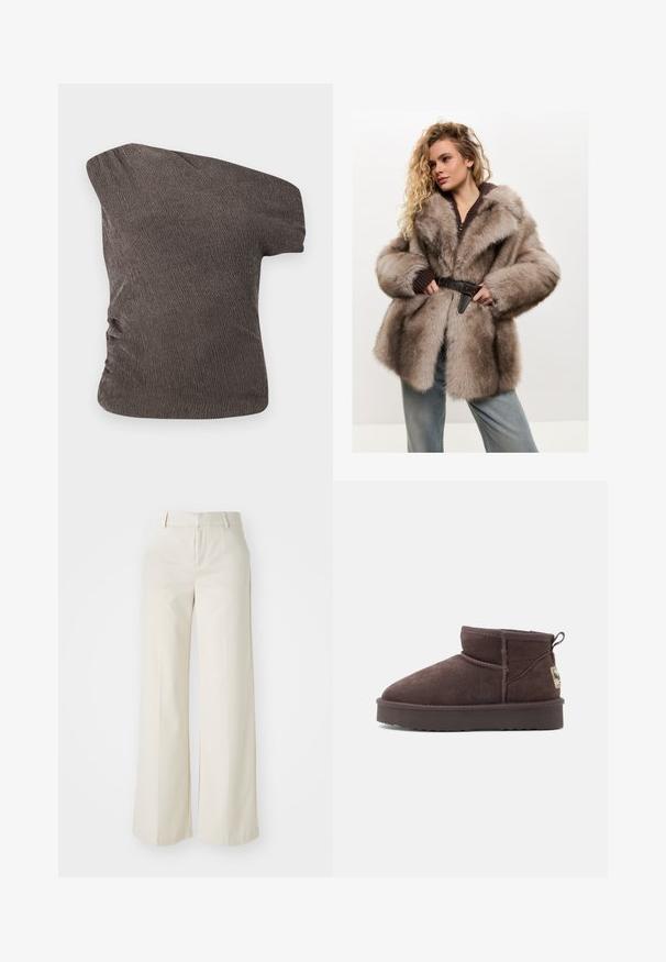 Cesare Gaspari Téli kabát - brown; Barna, egy vállra húzható felső, texturált, gyűrött anyagból; oldalán ráncolt részlettel és testhez álló fazonnal rendelkezik.; Világos bézs színű, széles lábú nadrág, sima anyagból készült. Klasszikus derékrésszel és lapos elülső résszel, letisztult vonalakkal rendelkezik.; Barna velúr bokacsizma lekerekített orral, minimális varrásokkal és texturált gumitalppal. Jellemzője egy kis hátsó húzófül és a márka címkéje.