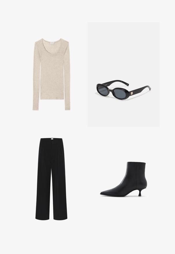 Cesare Gaspari Zimní kabát - brown; Dlouhý rukáv top v světlé béžové barvě, s kulatým výstřihem a měkkou tkaninou s hladkou strukturou, navržený pro přiléhavý střih.; Černé široké kalhoty s vysokým pasem, záhyby a hladkou texturou. Minimalistický design bez viditelných vzorů nebo kovových prvků.; ALDO EMMALIE - Kotníkové boty - black; Černé oválné sluneční brýle s tmavými skly, lesklým plastovým rámem, širokými stranami a malým zlatým detailem na jedné straně.