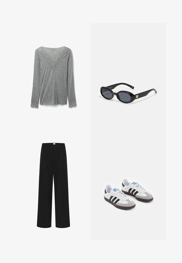 Cesare Gaspari Wintermantel - brown; Grau langärmliges Oberteil aus einem weichen Stoff, mit einem V-Ausschnitt, der mit filigraner Spitzenborte verziert ist, sowie Spitzenakzenten an den Ärmeln.; Schwarze weite Hosen mit hoher Taille, Falten und einer glatten Textur. Minimalistisches Design ohne sichtbare Muster oder Beschläge.; Sportschuhe mit einem Obermaterial aus weißem Leder, grauer Wildleder-Zehenkappe und drei schwarzen Streifen. Sie verfügen über ein blaues Logo auf der Zunge und eine strukturierte Gummisohle.; Schwarze ovale Sonnenbrillen mit dunklen Gläsern, glänzendem Kunststoffrahmen, breiten Bügeln und einem kleinen goldenen Akzent auf einer Seite.