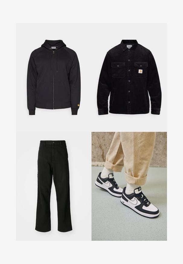 Crna kordura jakna s dva džepa na prsima s preklopima, dugmetom za zatvaranje i logotip krpom na lijevom džepu. Teksturirani materijal.; Crna zip-up dukserica s kapuljačom, prednjim džepovima i rebrastim manžetama. Ima zlatni patentni zatvarač i logo na lijevom rukavu. Napravljena je od mekane tkanine.; Crna polo majica od pamuka, s dvostrukim gumbima, kratkim rukavima i bijelim Nike logotipom na lijevoj strani prsnog koša.; Crne traperice ravnog kroja s kopčanjem na gumbe, petljama za pojas i prednjim džepovima na jednostavnoj bijeloj pozadini.; Crno-bijeli Nike Air Force 1 tenisice s kožnim gornjištem, perforiranim prstima i teksturiranim đonom, nosene s obrnulim bež hlačama i bijelim čarapama.