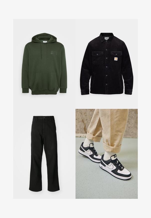 Must tumes koot, millel on kaks kinnitusklapiga rinna(taskut) ja nööbiga sulgemine, vasakul taskul on logo silt. Tekstureeritud kangas.; Kaskrohelise kapuutsiga toss, millel on eesmine tasku, nööriga kapuuts ja reljeefne logo rinnal. Valmistatud pehmest, tekstuursest kangast.; Mustad sirged teksad, millel on nupuvärk, vöökohad ja ees olevad taskud, valgel taustal.; Mustvalge Nike Air Force 1 tossud nahast pealsega, perforeeritud varbaga ja tekstuurse tallaga, kantud kergete beige pükstega, mille alumine serv on üles keeratud, ja valgete sokkidega.