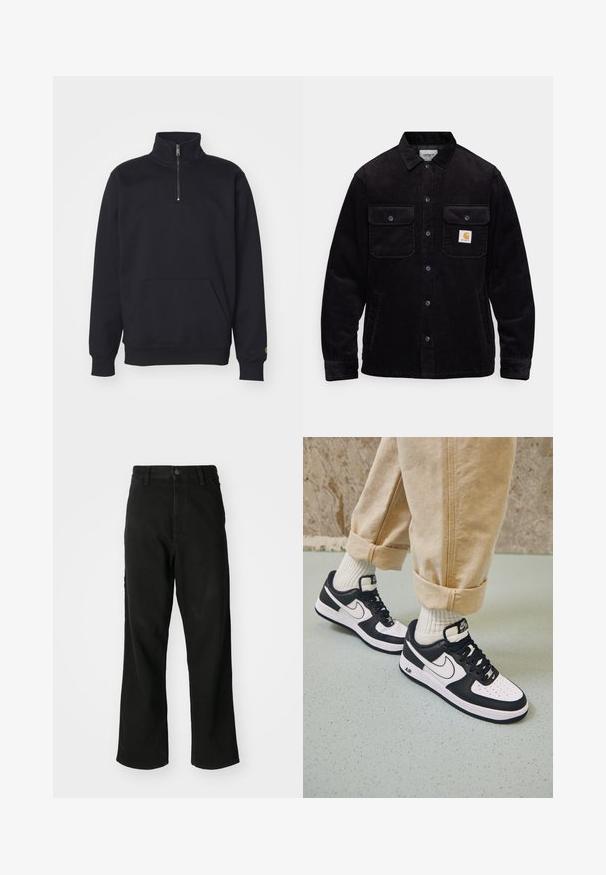 Melna korduroja jaka, kas aprīkota ar divām krūšu kabatām ar atloks, pogu aizdari un logotipa uzlīmi uz kreisās kabatas. Strukturēta auduma.; Melnas vilnas puszipa jaka ar augstu apkakli, ribotām aprocēm, kangauru kabatu un mazu zelta logotipa akcentu uz piedurknes.; Melnas taisnas kājas džinsu bikses ar pogu aizdari, jostas cilpām un priekšējiem kabatām uz vienkārša balta fona.; Melnbalti Nike Air Force 1 sporta apavi ar ādas aizmuguri, caurumiņu purngalu un strukturētu zoli, valkāti ar sarullētām beigu biksēm un baltām zeķēm.