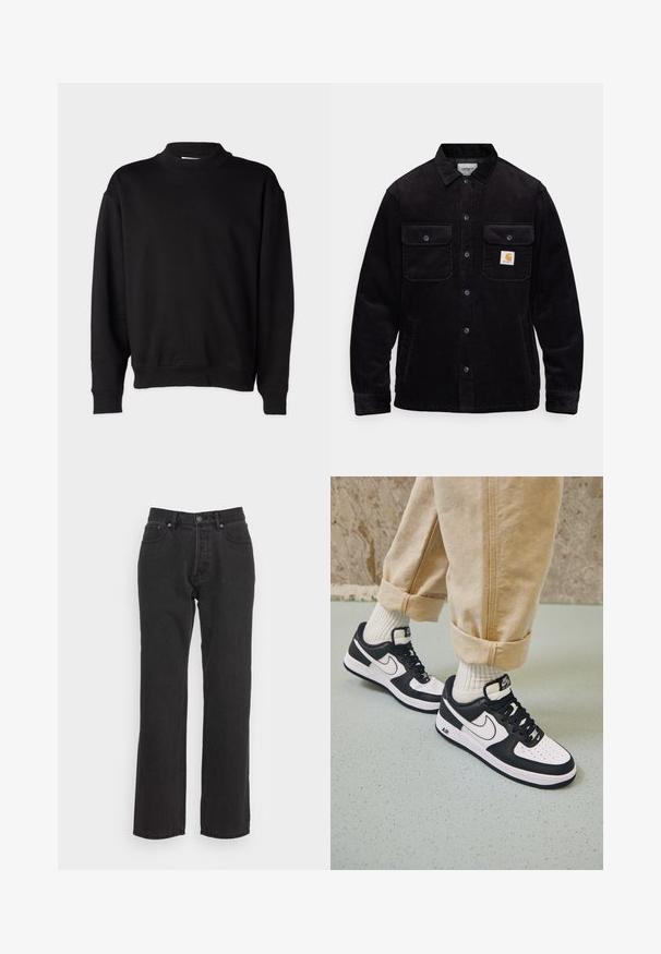Zwarte corduroy jas met twee borstzakken met kleppen, een knoopsluiting en een opnamerichtlijn op de linkse zak. Gelaagde stof.; Zwarte sweatshirt met een hoge, geribbelde kraag, lange mouwen en een relaxte pasvorm. Zachte textuur met geribbelde manchetten en onderrand.; Zwarte denim jeans met een rechtzijdig ontwerp, voorzien van een voorste knoopsluiting, riemlussen en twee zijzakken. Gestructureerde stof.; Zwart-witte Nike Air Force 1 sneakers met een leren bovenwerk, geperforeerde neus en gestructureerde zooldetails, gedragen met opgerolde beige broek en witte sokken.
