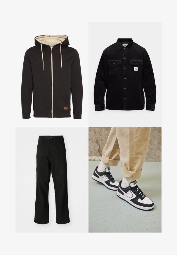 Must tumes koot, millel on kaks kinnitusklapiga rinna(taskut) ja nööbiga sulgemine, vasakul taskul on logo silt. Tekstureeritud kangas.; Musta tõmblukuga kapuutsiga sweatshirt beeži sisepinnaga. Omab nööriga kapuutsi, esipooke ja pruunist nahast logo sildi. Sile tekstuur.; Mustad sirged teksad, millel on nupuvärk, vöökohad ja ees olevad taskud, valgel taustal.; Mustvalge Nike Air Force 1 tossud nahast pealsega, perforeeritud varbaga ja tekstuurse tallaga, kantud kergete beige pükstega, mille alumine serv on üles keeratud, ja valgete sokkidega.