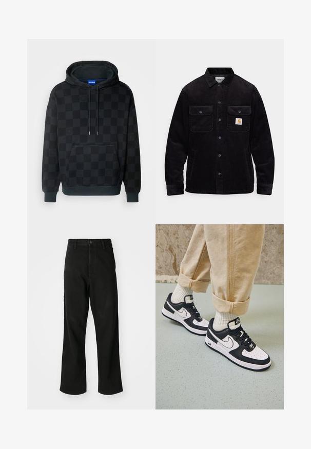 Chaqueta de pana negra con dos bolsillos en el pecho con solapas, cierre de botón y un parche con el logotipo en el bolsillo izquierdo. Tejido texturizado.; HUGO NEVALP - Jersey con capucha - black; Vaqueros negros de pierna recta con cierre de botón, pasadores para cinturón y bolsillos frontales sobre un fondo blanco liso.; Zapatillas Nike Air Force 1 en blanco y negro con parte superior de cuero, puntera perforada y detalle de suela texturizada, combinadas con pantalones beiges remangados y calcetines blancos.