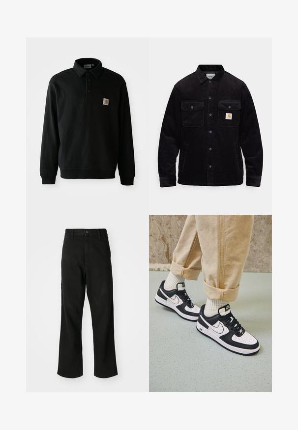 Svart kordjacka med två bröstfickor med lock, knappstängning och en logotypapplikation på vänster ficka. Texturerad tyg.; Svart långärmad pikétröja med tre knappar och en liten fyrkantig Carhartt-logotyp på vänster bröst mot en vit bakgrund.; Svarta raka jeans med knappstängning, bälteshällor och framfickor på en enfärgad vit bakgrund.; Svarta och vita Nike Air Force 1-sneakers med ovandel i läder, perforerat tåparti och texturerade sule detaljer, använda med rullade beige byxor och vita strumpor.