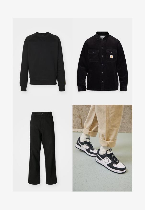Casaco de veludo preto com dois bolsos no peito com abas, fecho de botão e um emblema no bolso esquerdo. Tecido texturizado.; Sweatshirt preto de gola redonda com mangas longas, punhos e cós canelados. Apresenta um detalhe costurado em forma de triângulo na gola e um acento de logotipo.; Jeans pretos de perna reta com fecho de botão, passantes para cinto e bolsos frontais em fundo branco.; Sapatilhas Nike Air Force 1 em preto e branco com um cabedal em pele, biqueira perfurada e detalhe de sola texturizada, usadas com calças beig com as bainhas roladas e meias brancas.