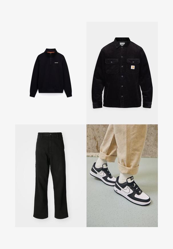 Giacca in corduroy nera con due tasche sul petto con pattina, chiusura a bottoni e toppa con logo sulla tasca sinistra. Tessuto strutturato.; Felpa nera a girocollo con collo alto e design a mezza zip. Presenta un accento arancione all'interno del colletto e un piccolo logo sul petto.; Jeans neri a gamba dritta con chiusura a bottoni, passanti per cintura e tasche frontali su uno sfondo bianco semplice.; Sneakers Nike Air Force 1 nero e bianco con tomaia in pelle, punta perforata e dettaglio della suola testurizzata, indossati con pantaloni beige arrotolati e calze bianche.
