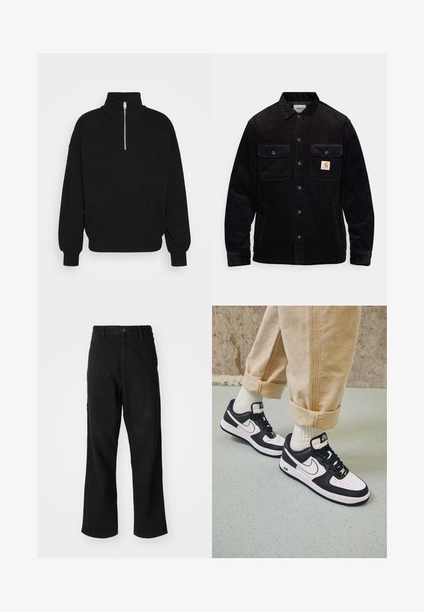 Black corduroy jacket featuring two chest pockets with flaps, a button closure, and a logo patch on the left pocket. Textured fabric.; Jack & Jones JORVIBE HIGH NECK - Sweatshirt - black; Black straight-leg jeans with button closure, belt loops, and front pockets on a plain white background.; Black and white Nike Air Force 1 sneakers with a leather upper, perforated toe, and textured sole detail, worn with rolled beige pants and white socks.