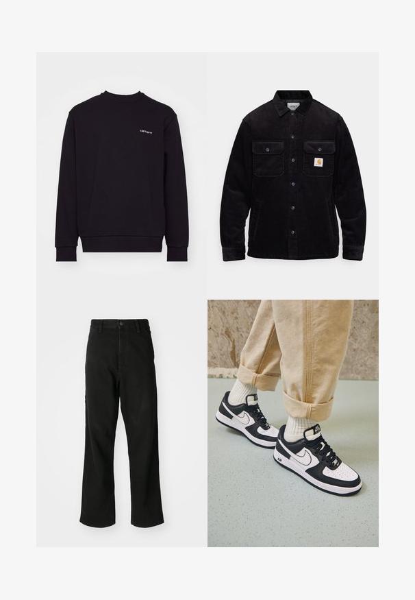 Fekete kordbársony dzseki, két mellzsebbel, hajtókával, gombos záródással és logóval a bal zsebben. Texturált anyag.; Fekete pulóver, puha anyagból, kerek nyakkivágással, hosszú ujjakkal és bordás mandzsettákkal. Kicsi, fehér logó található a mellkason.; Fekete, egyenes szárú farmernadrág gombbal, övhurkokkal és elülső zsebekkel, sima fehér háttér előtt.; Fekete-fehér Nike Air Force 1 sportcipők, bőrből készült felső résszel, perforált orral és texturált talprészes részlettel, bézs nadrágba felgöngyölítve és fehér zoknival viselve.