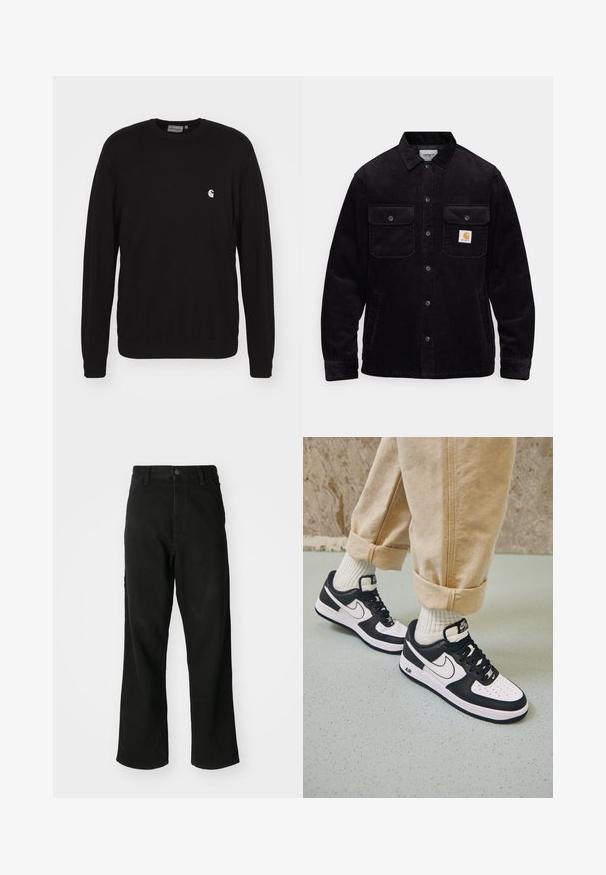 Casaco de veludo preto com dois bolsos no peito com abas, fecho de botão e um emblema no bolso esquerdo. Tecido texturizado.; Carhartt WIP Camisola - black; Jeans pretos de perna reta com fecho de botão, passantes para cinto e bolsos frontais em fundo branco.; Sapatilhas Nike Air Force 1 em preto e branco com um cabedal em pele, biqueira perfurada e detalhe de sola texturizada, usadas com calças beig com as bainhas roladas e meias brancas.
