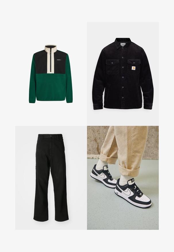 Crna kordura jakna s dva džepa na prsima s preklopima, dugmetom za zatvaranje i logotip krpom na lijevom džepu. Teksturirani materijal.; Zeleni i crni flis pulover s visokim ovratnikom, polu-zatvaračem sprijeda i logotipom. Ima čvrste boje i mekanu teksturu kroz cijelu površinu.; Crne traperice ravnog kroja s kopčanjem na gumbe, petljama za pojas i prednjim džepovima na jednostavnoj bijeloj pozadini.; Crno-bijeli Nike Air Force 1 tenisice s kožnim gornjištem, perforiranim prstima i teksturiranim đonom, nosene s obrnulim bež hlačama i bijelim čarapama.