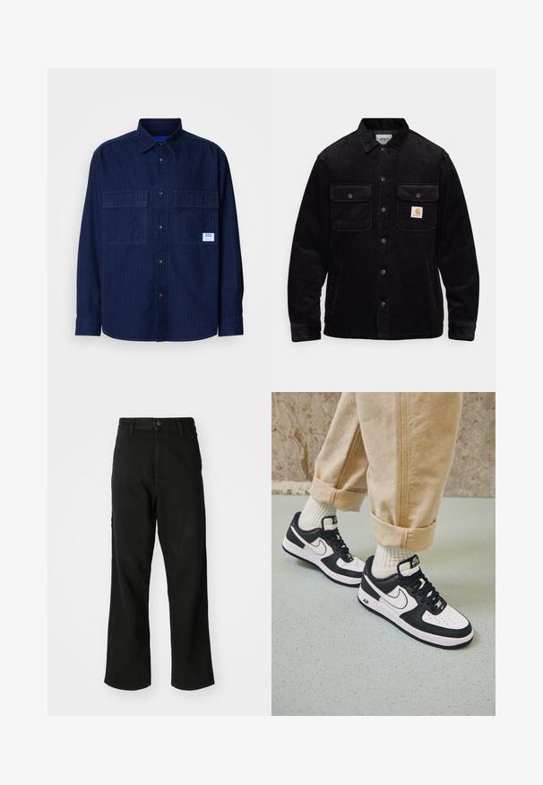 Černá kordová bunda se dvěma náprsními kapsami s klopami, knoflíkovým zapínáním a nášivkou na levé kapse. Texturovaná látka.; Námořnicky modrá košile s dlouhým rukávem na knoflíky, se dvěma kapsami na hrudi a malou bílou nášivkou na pravé kapse.; Černé rovné džínsy s knoflíkovým zapínáním, poutky na opasek a předními kapsami na bílém pozadí.; Černobílé tenisky Nike Air Force 1 s koženým svrškem, perforovanou špicí a texturovanou podrážkou, nošené s ohrnutými béžovými kalhotami a bílými ponožkami.