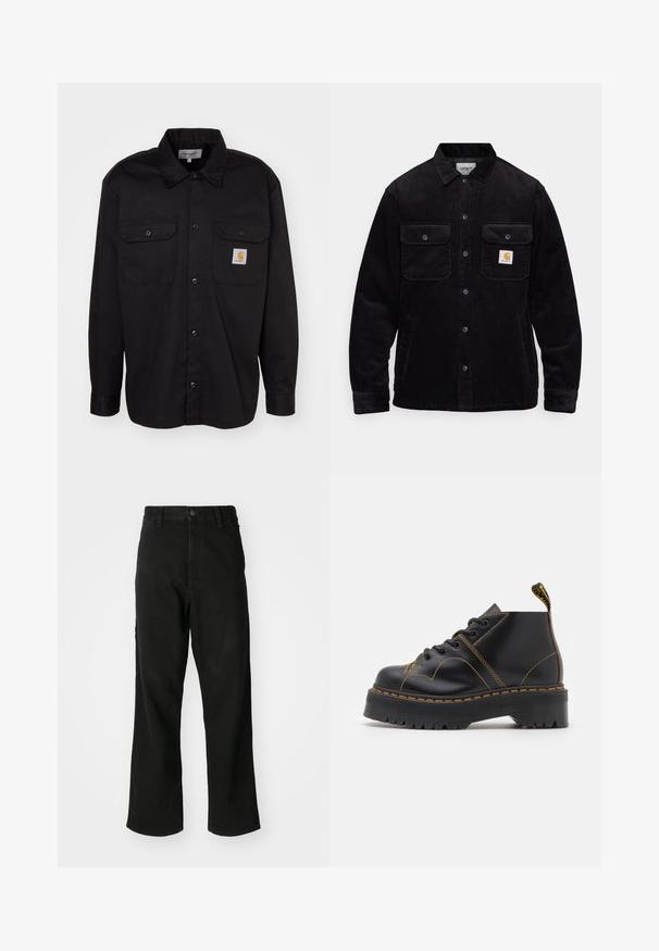Casaco de veludo preto com dois bolsos no peito com abas, fecho de botão e um emblema no bolso esquerdo. Tecido texturizado.; Camisa preta de botões com dois bolsos no peito, feita de um tecido resistente. Apresenta um patch do logo Carhartt. Mangas longas com punhos abotoados.; Jeans pretos de perna reta com fecho de botão, passantes para cinto e bolsos frontais em fundo branco.; Botas de tornozelo pretas com sola grossa e estriada, costuras amarelas em contraste e uma alça no calcanhar. Material de couro liso.