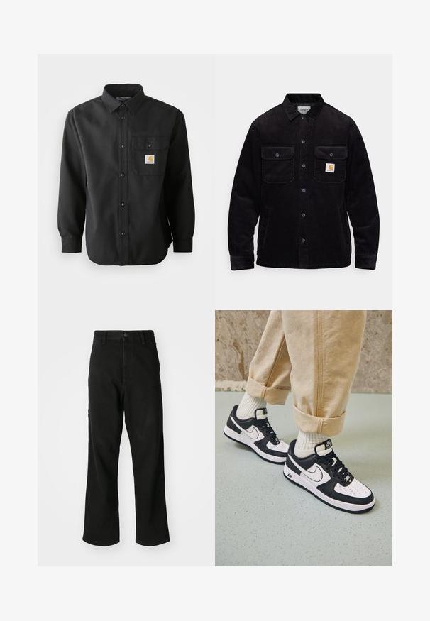 Veste en velours côtelé noir avec deux poches poitrine à rabat, un système de fermeture à boutons, et un patch logo sur la poche gauche. Tissu texturé.; Chemise noire à manches longues avec un devant boutonné, un col pointu et une poche poitrine arborant un patch logo. Tissu doux et texturé.; Jean noir à jambe droite avec fermeture à boutons, passant de ceinture et poches avant sur un fond blanc uni.; Baskets Nike Air Force 1 en noir et blanc avec un dessus en cuir, orteil perforé et détail de semelle texturée, portées avec un pantalon beige retroussé et des chaussettes blanches.