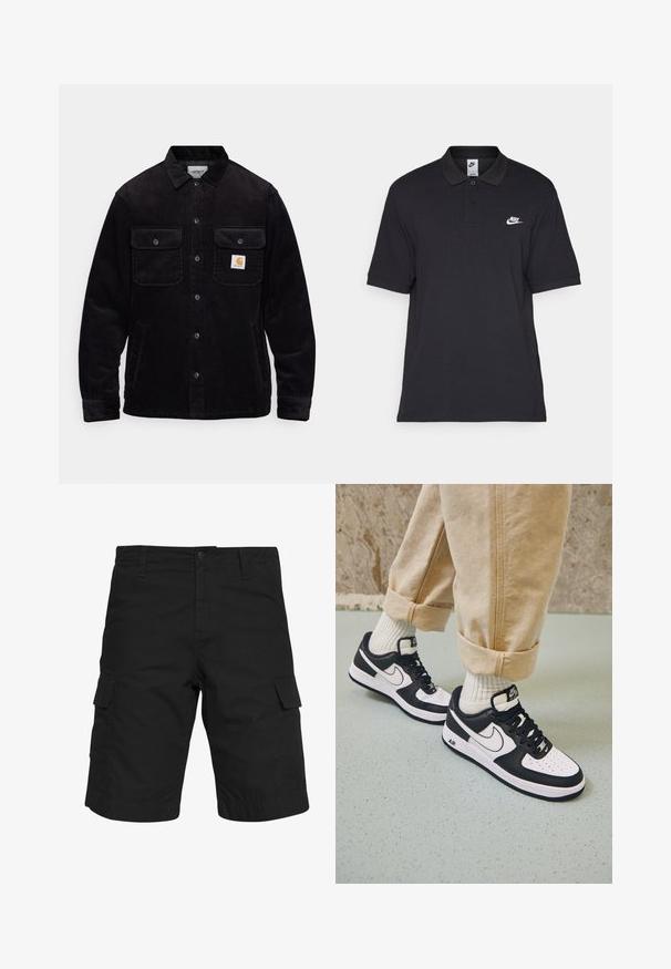 Veste en velours côtelé noir avec deux poches poitrine à rabat, un système de fermeture à boutons, et un patch logo sur la poche gauche. Tissu texturé.; Polo noir en coton, avec une patte de boutonnage à deux boutons, des manches courtes et un logo Nike blanc sur la poitrine gauche.; Shorts cargo noirs en tissu tissé, dotés de deux poches latérales, d'une fermeture à bouton et d'une coupe droite descendant jusqu'au genou.; Baskets Nike Air Force 1 en noir et blanc avec un dessus en cuir, orteil perforé et détail de semelle texturée, portées avec un pantalon beige retroussé et des chaussettes blanches.