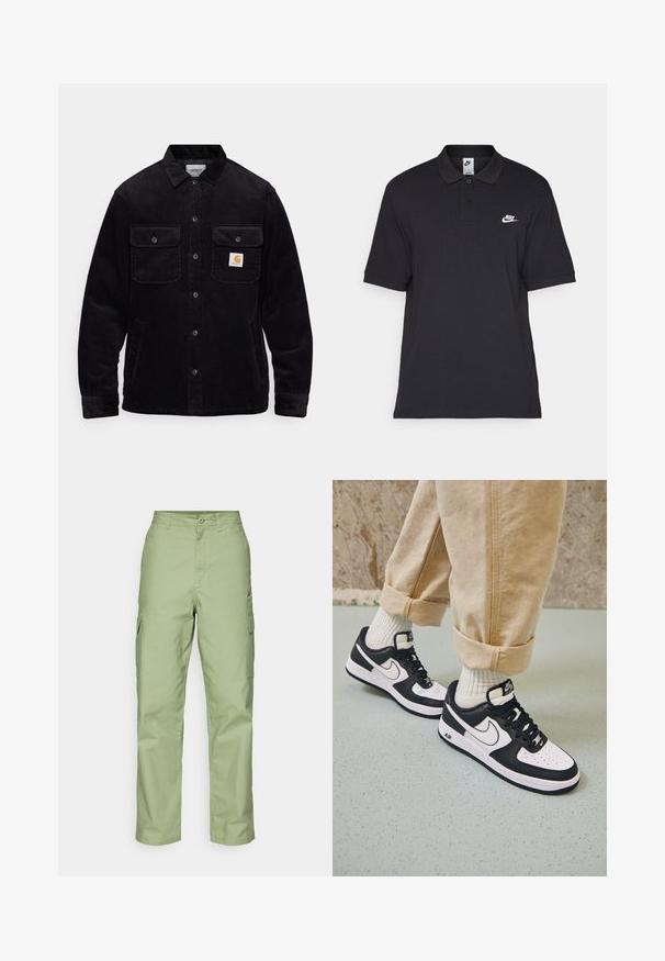 Svart kordjacka med två bröstfickor med lock, knappstängning och en logotypapplikation på vänster ficka. Texturerad tyg.; Svart polo t-shirt i bomull, med en tvåknapps ståndkrage, kortärmar och en vit Nike-logotyp på vänster bröst.; Ljusgröna cargo-byxor i slitstarkt material, med rak benform, två sidofickor och knäppning med knapp i midjan.; Svarta och vita Nike Air Force 1-sneakers med ovandel i läder, perforerat tåparti och texturerade sule detaljer, använda med rullade beige byxor och vita strumpor.