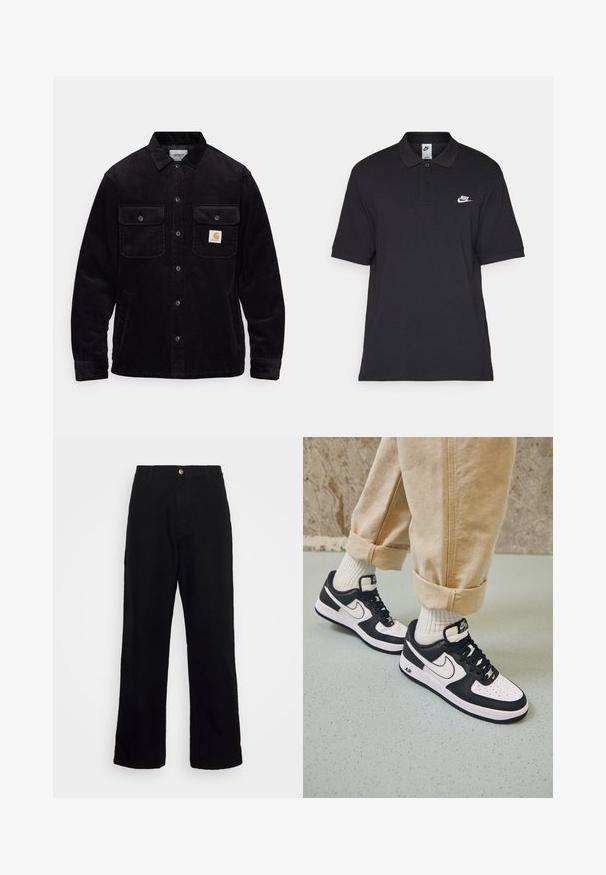Schwarze Cordjacke mit zwei Brusttaschen mit Klappen, einem Knopfverschluss und einem Logopatch auf der linken Tasche. Strukturierter Stoff.; Schwarzes Poloshirt aus Baumwolle mit einer Knopfleiste mit zwei Knöpfen, kurzen Ärmeln und einem weißen Nike-Logo auf der linken Brust.; Schwarze Hosen aus schwerem Stoff mit geradem Beinschnitt, Fronttaschen, Reißverschluss und einem einzelnen metallischen Knopfverschluss.; Schwarz-weiße Nike Air Force 1 Sneaker mit einem Obermaterial aus Leder, perforierter Zehenpartie und strukturiertem Sohlendesign, getragen mit aufgerollten beigen Hosen und weißen Socken.