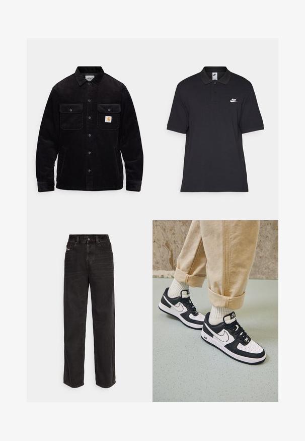 Čierna kordurová bunda s dvoma náprsníkmi so chlopňami, zapínaním na gombíky a logom na ľavom vrecku. Textúrovaná tkanina.; Čierna polo košeľa vyrobená z bavlny, s dvoma gombíkmi, krátkymi rukávmi a bielym logom Nike na ľavej hrudi.; Čierne deninové nohavice s širokými nohavicami a vysokým pásom, predným zapínaním na gombík, dvoma bočnými vreckami a jemnými švom.; Čierno-biele tenisky Nike Air Force 1 s koženým zvrškom, perforovanou špičkou a textúrovanou podrážkou, kombinované s ohrnutými béžovými nohavicami a bielymi ponožkami.