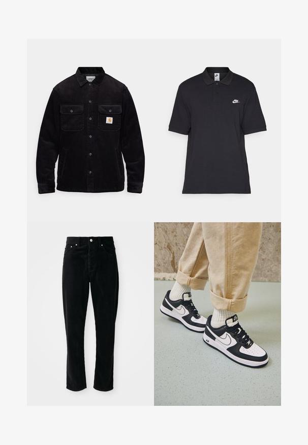 Black corduroy jacket featuring two chest pockets with flaps, a button closure, and a logo patch on the left pocket. Textured fabric.; Black polo shirt made of cotton, featuring a two-button placket, short sleeves, and a white Nike logo on the left chest.; Black corduroy pants with a high waist, straight leg, five pockets, and silver hardware, featuring a textured ribbed pattern throughout.; Black and white Nike Air Force 1 sneakers with a leather upper, perforated toe, and textured sole detail, worn with rolled beige pants and white socks.