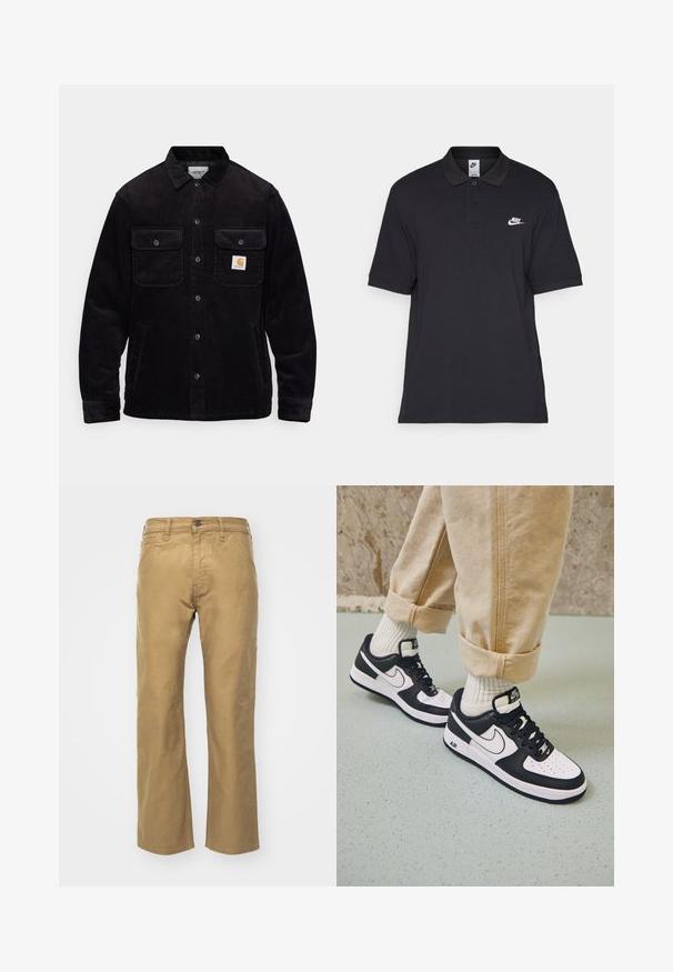 Chaqueta de pana negra con dos bolsillos en el pecho con solapas, cierre de botón y un parche con el logotipo en el bolsillo izquierdo. Tejido texturizado.; Polo negro confeccionado en algodón, con tapeta de dos botones, mangas cortas y un logotipo de Nike blanco en el lado izquierdo del pecho.; Pantalones caqui de algodón. Corte recto con cintura y bolsillos frontales. Presenta un bolsillo trasero y detalles de costura sutiles.; Zapatillas Nike Air Force 1 en blanco y negro con parte superior de cuero, puntera perforada y detalle de suela texturizada, combinadas con pantalones beiges remangados y calcetines blancos.