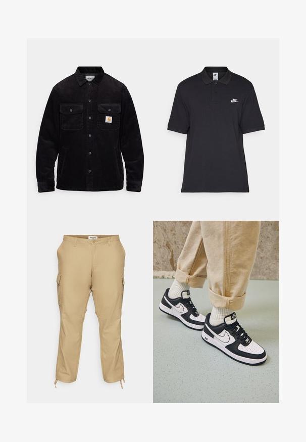 Čierna kordurová bunda s dvoma náprsníkmi so chlopňami, zapínaním na gombíky a logom na ľavom vrecku. Textúrovaná tkanina.; Čierna polo košeľa vyrobená z bavlny, s dvoma gombíkmi, krátkymi rukávmi a bielym logom Nike na ľavej hrudi.; Béžové cargo nohavice s voľným strihom, ktoré majú bočné vrecká, nastaviteľné manžety a hladkú zmes bavlny.; Čierno-biele tenisky Nike Air Force 1 s koženým zvrškom, perforovanou špičkou a textúrovanou podrážkou, kombinované s ohrnutými béžovými nohavicami a bielymi ponožkami.