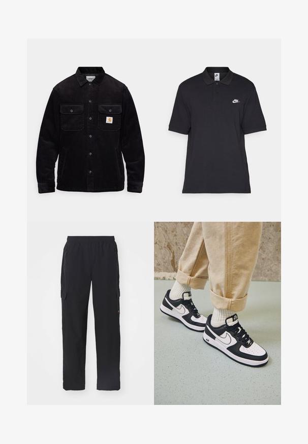 Czarna kurtka z kordurowej tkaniny z dwiema kieszeniami na piersi z klapkami, z zapięciem na guziki i naszywką z logo na lewej kieszeni. Teksturowany materiał.; Czarna koszulka polo wykonana z bawełny, z dwoma guzikami przy dekolcie, krótkimi rękawami i białym logo Nike na lewej piersi.; Czarne spodnie cargo wykonane z gładkiego materiału z elastycznym pasem. Posiadają boczne kieszenie oraz kieszenie cargo na udach do przechowywania.; Czarno-białe sneakersy Nike Air Force 1 z skórzanym wierzchem, perforowanym czubkiem i teksturowaną podeszwą, noszone z podwiniętymi beżowymi spodniami i białymi skarpetkami.