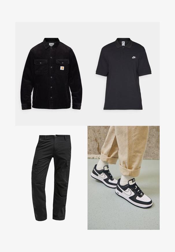 Černá kordová bunda se dvěma náprsními kapsami s klopami, knoflíkovým zapínáním a nášivkou na levé kapse. Texturovaná látka.; Černé polo tričko z bavlny, s dvouknoflíkovou légou, krátkými rukávy a bílým logem Nike na levé části hrudi.; Černé cargo kalhoty se rovnými nohavicemi, vyrobené z odolné látky, s několika bočními kapsami a zapínáním na knoflík v pase.; Černobílé tenisky Nike Air Force 1 s koženým svrškem, perforovanou špicí a texturovanou podrážkou, nošené s ohrnutými béžovými kalhotami a bílými ponožkami.