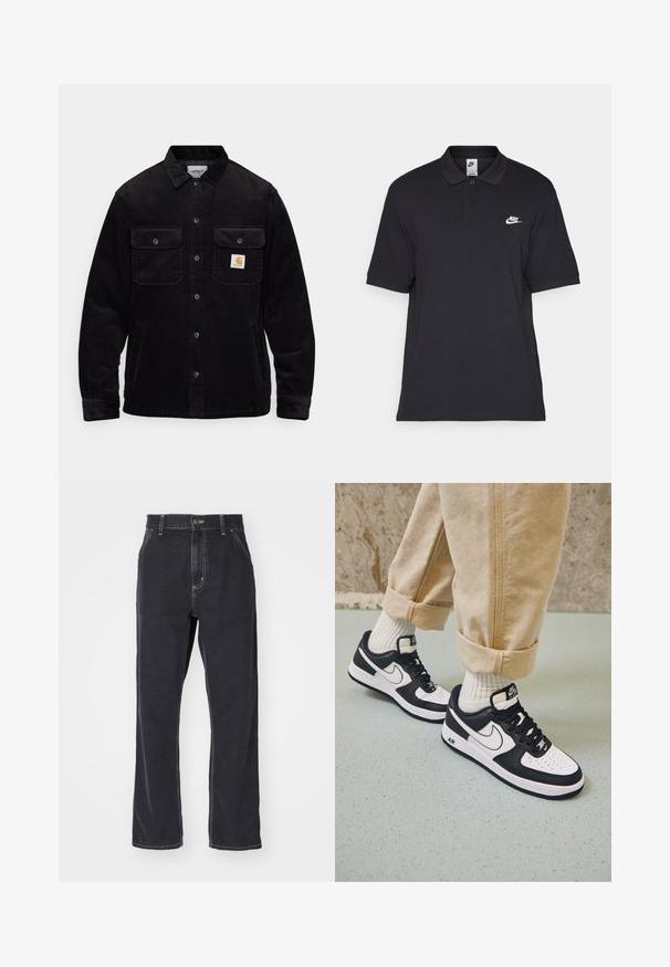 Black corduroy jacket featuring two chest pockets with flaps, a button closure, and a logo patch on the left pocket. Textured fabric.; Black polo shirt made of cotton, featuring a two-button placket, short sleeves, and a white Nike logo on the left chest.; Black denim jeans with a straight-leg cut, featuring a zipper fly, five pockets, and contrast stitching along the seams.; Black and white Nike Air Force 1 sneakers with a leather upper, perforated toe, and textured sole detail, worn with rolled beige pants and white socks.
