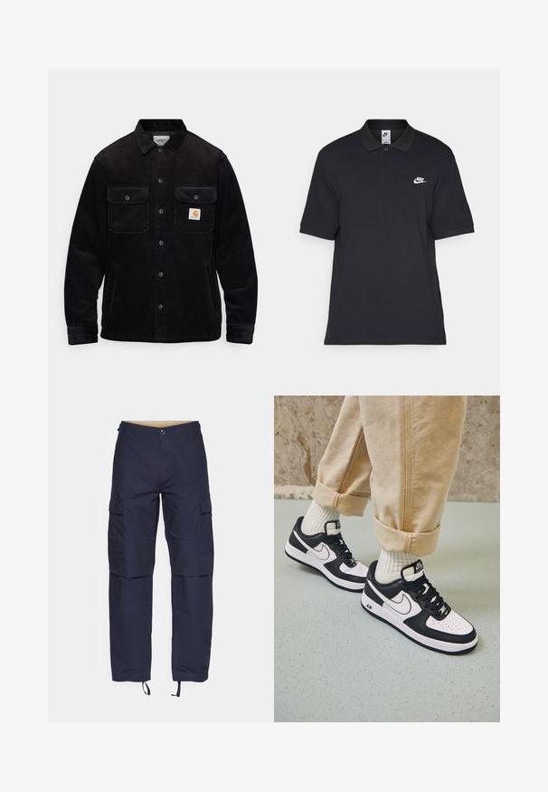 Crna kordura jakna s dva džepa na prsima s preklopima, dugmetom za zatvaranje i logotip krpom na lijevom džepu. Teksturirani materijal.; Crna polo majica od pamuka, s dvostrukim gumbima, kratkim rukavima i bijelim Nike logotipom na lijevoj strani prsnog koša.; Mornarice hlače od tkanine s više džepova, zatvaranje na gumbu i podesivim vezicama za rubove za prilagodljiv fit.; Crno-bijeli Nike Air Force 1 tenisice s kožnim gornjištem, perforiranim prstima i teksturiranim đonom, nosene s obrnulim bež hlačama i bijelim čarapama.