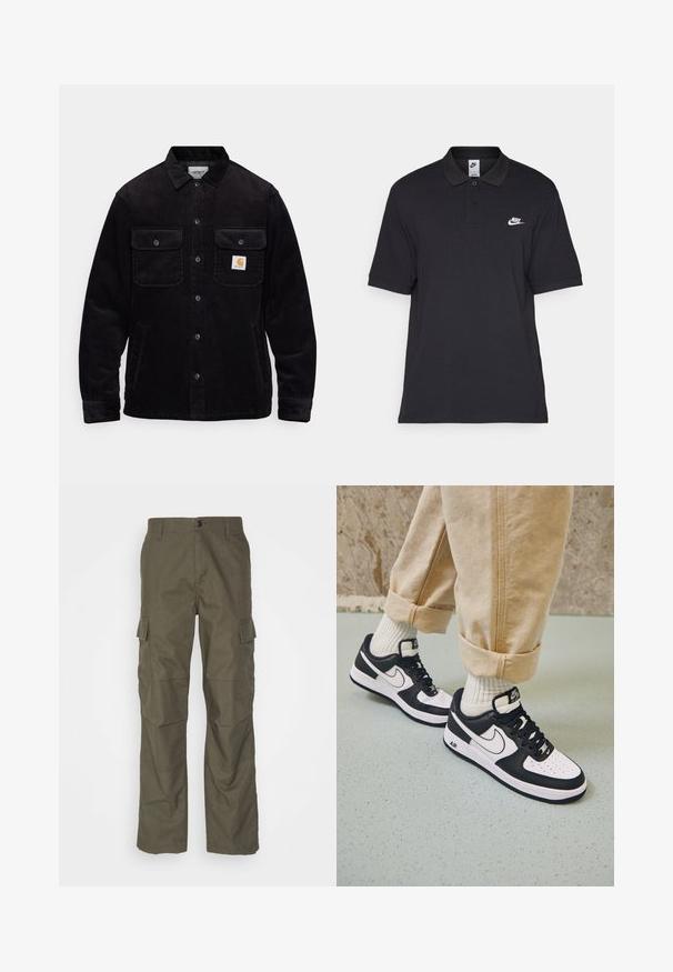 Czarna kurtka z kordurowej tkaniny z dwiema kieszeniami na piersi z klapkami, z zapięciem na guziki i naszywką z logo na lewej kieszeni. Teksturowany materiał.; Czarna koszulka polo wykonana z bawełny, z dwoma guzikami przy dekolcie, krótkimi rękawami i białym logo Nike na lewej piersi.; Oliwowe spodnie cargo o prostym kroju, wykonane z teksturowanej tkaniny. Posiadają duże boczne kieszenie oraz zapięcie na guzik.; Czarno-białe sneakersy Nike Air Force 1 z skórzanym wierzchem, perforowanym czubkiem i teksturowaną podeszwą, noszone z podwiniętymi beżowymi spodniami i białymi skarpetkami.