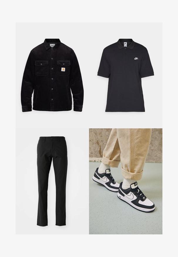 Schwarze Cordjacke mit zwei Brusttaschen mit Klappen, einem Knopfverschluss und einem Logopatch auf der linken Tasche. Strukturierter Stoff.; Schwarzes Poloshirt aus Baumwolle mit einer Knopfleiste mit zwei Knöpfen, kurzen Ärmeln und einem weißen Nike-Logo auf der linken Brust.; Schwarze Hose aus leichtem Stoff, mit geradem Bein Design, vorderem Knopfverschluss und seitlichen Taschen. Glatte Textur.; Schwarz-weiße Nike Air Force 1 Sneaker mit einem Obermaterial aus Leder, perforierter Zehenpartie und strukturiertem Sohlendesign, getragen mit aufgerollten beigen Hosen und weißen Socken.