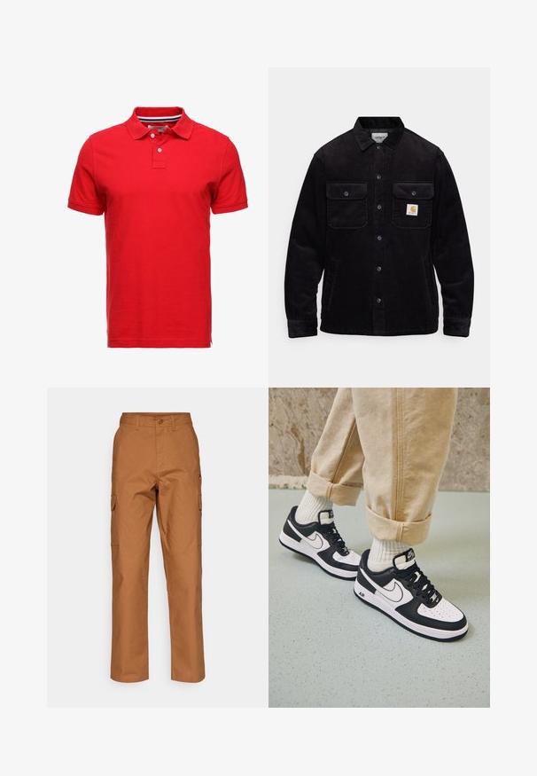 Veste en velours côtelé noir avec deux poches poitrine à rabat, un système de fermeture à boutons, et un patch logo sur la poche gauche. Tissu texturé.; Polo shirt en coton rouge avec un col, doté de deux boutons et d'une encolure intérieure rayée. Manches courtes et coupe standard.; Pantalons cargo brun en mélange de coton texturé, avec une coupe droite, deux poches latérales et une fermeture à bouton à la taille.; Baskets Nike Air Force 1 en noir et blanc avec un dessus en cuir, orteil perforé et détail de semelle texturée, portées avec un pantalon beige retroussé et des chaussettes blanches.