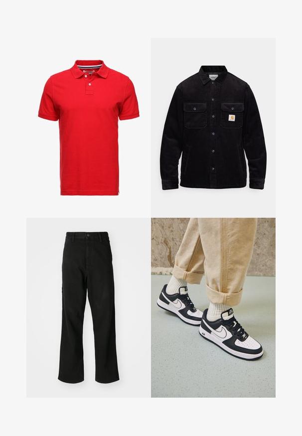 Črna korduroj jakna z dvema žepoma na prsih s pokrovom, zapiranjem na gumb in logotipom na levem žepu. Teksturirana tkanina.; Rde majica polo iz bombaža s ovratnikom, ki ima dva gumba in črtasto notranjost ovratnika. Kratki rokavi in standardna pristranskost.; Črne naravnost krojene kavbojke z gumbom, zankami za pas in sprednjimi žepi na enobarvni beli podlagi.; Črno-bele superge Nike Air Force 1 z usnjenim zgornjim delom, perforiranim prstom in teksturiranim podplatom, oblečene z zvitimi bež hlačami in belimi nogavicami.