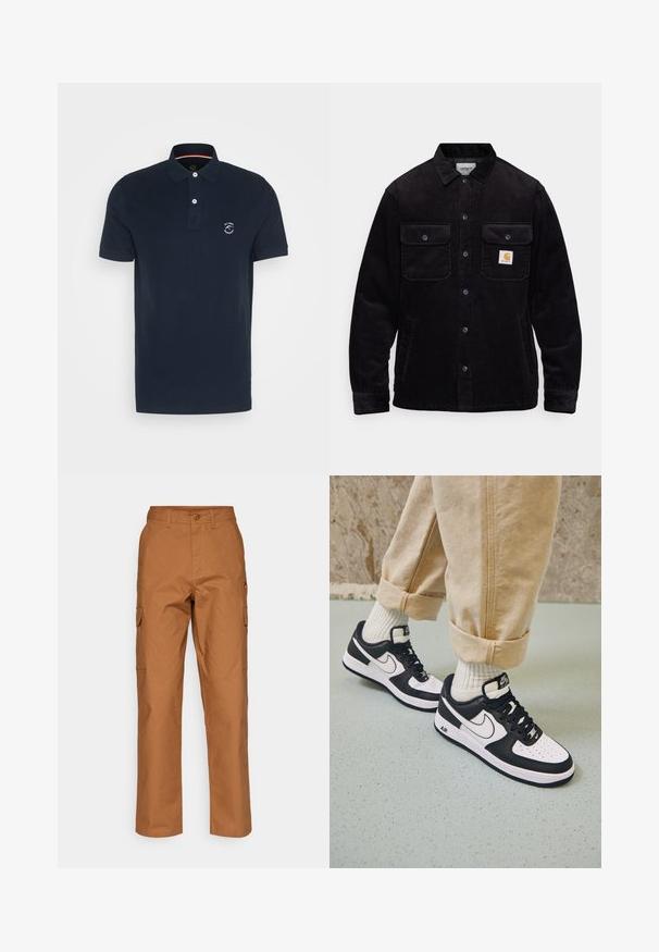 Čierna kordurová bunda s dvoma náprsníkmi so chlopňami, zapínaním na gombíky a logom na ľavom vrecku. Textúrovaná tkanina.; Námornícky modré polo tričko z bavlny s dvojitým gombíkom, krátkymi rukávmi a logom na ľavej hrudi. Hladká textura, klasický strih.; Hnedé cargo nohavice z textúrovanej bavlny, s rovnými nohami, dvoma bočnými vreckami a zapínaním na gombík v páse.; Čierno-biele tenisky Nike Air Force 1 s koženým zvrškom, perforovanou špičkou a textúrovanou podrážkou, kombinované s ohrnutými béžovými nohavicami a bielymi ponožkami.