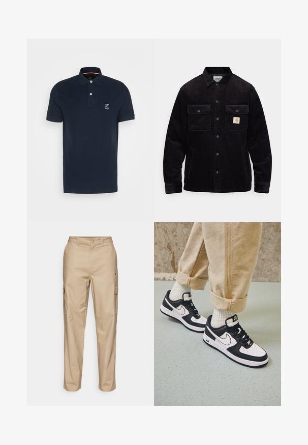 Schwarze Cordjacke mit zwei Brusttaschen mit Klappen, einem Knopfverschluss und einem Logopatch auf der linken Tasche. Strukturierter Stoff.; Marineblaue Polo-Shirt aus Baumwolle mit einer Knopfleiste mit zwei Knöpfen, kurzen Ärmeln und einem Logo auf der linken Brust. Glatte Textur, klassischer Schnitt.; Beige Cargo-Hosen mit einer strukturierten Oberfläche, seitlichen Taschen, einem Knopfverschluss und einem geraden Bein-Design.; Schwarz-weiße Nike Air Force 1 Sneaker mit einem Obermaterial aus Leder, perforierter Zehenpartie und strukturiertem Sohlendesign, getragen mit aufgerollten beigen Hosen und weißen Socken.