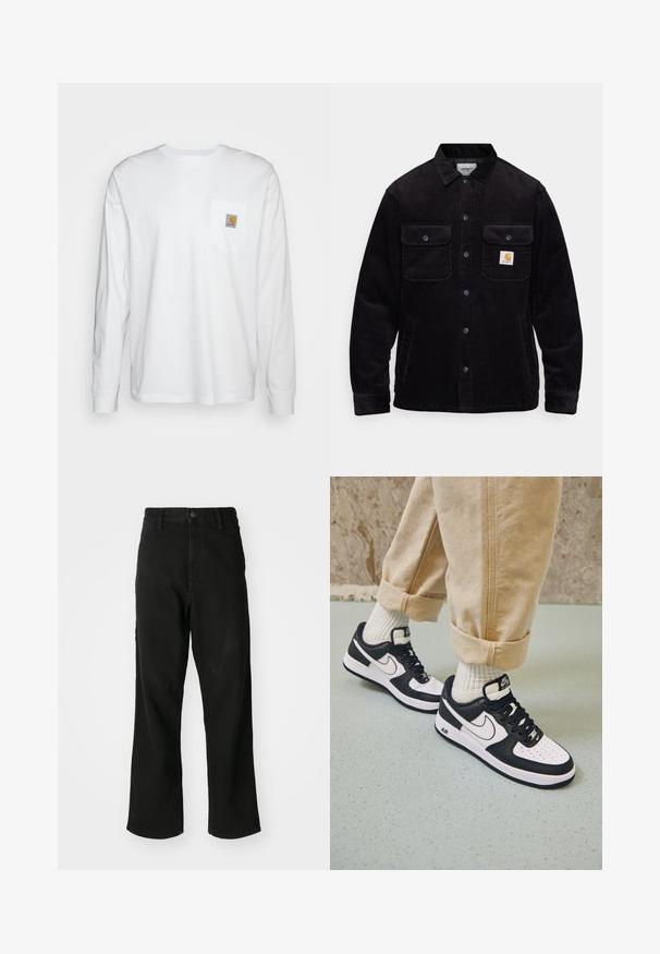 Mustat corduroy-takit, joissa on kaksi rintataskua läpillä, nappikiinnitys ja logopatch vasemmassa taskussa. Tekstuuroitu kangas.; Pitkähihainen valkoinen paita, joka on valmistettu puuvillasta ja jossa on rintatasku neliömäisellä logolapulla. Yksinkertainen muotoilu pyöreällä kaula-aukolla ja cuff-atun hihalla.; Mustat suoralahkeiset farkut, joissa on nappisuljenta, vyölenkit ja etutaskut valkoisella taustalla.; Mustat ja valkoiset Nike Air Force 1 -tennarit, joissa on nahkavarsi, rei'itetty varvas ja teksturoitu pohja, käytetty vaaleanbeigejen käännettyjen housujen ja valkoisten sukkien kanssa.