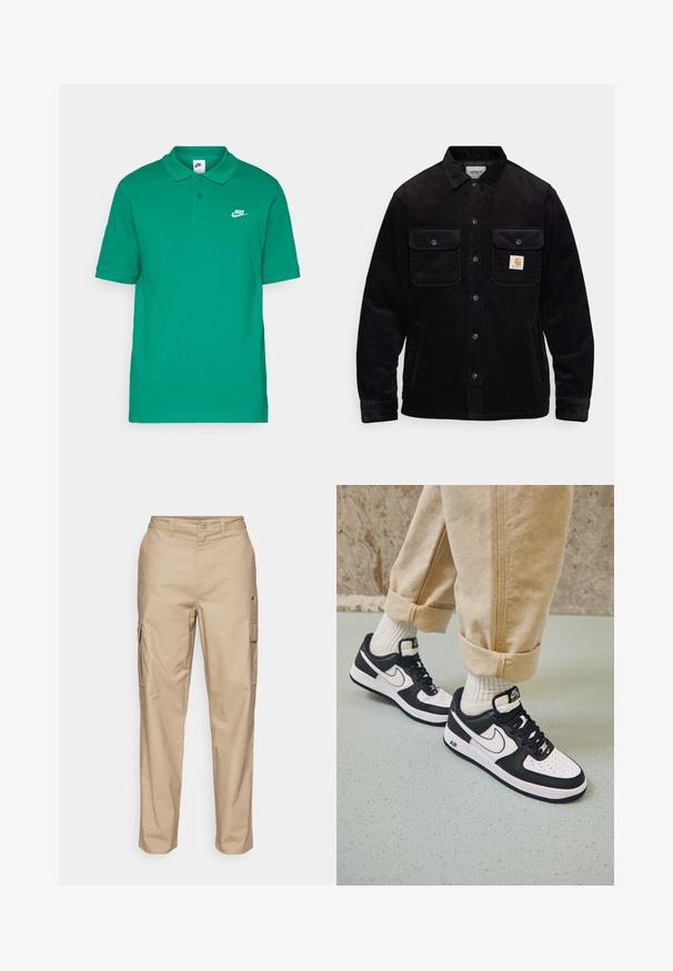 Black corduroy jacket featuring two chest pockets with flaps, a button closure, and a logo patch on the left pocket. Textured fabric.; Green polo shirt made of cotton, featuring a classic collar, short sleeves, and a small white Nike logo on the left chest.; Beige cargo pants with a textured finish, featuring side pockets, a button closure, and a straight leg design.; Black and white Nike Air Force 1 sneakers with a leather upper, perforated toe, and textured sole detail, worn with rolled beige pants and white socks.