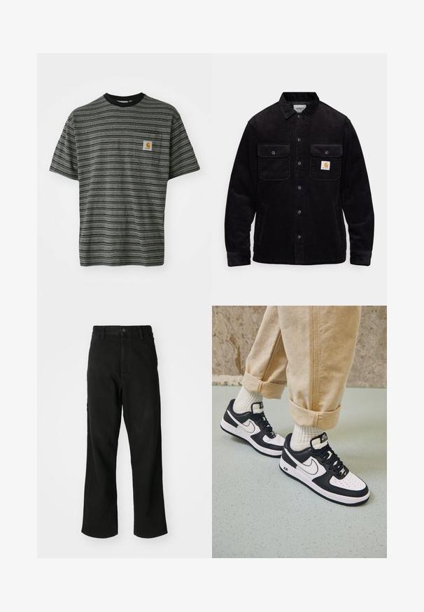 Mustat corduroy-takit, joissa on kaksi rintataskua läpillä, nappikiinnitys ja logopatch vasemmassa taskussa. Tekstuuroitu kangas.; Raidalliset lyhythihaiset t-paidat harmaana ja mustana, joissa on pyöreä pääntie ja pieni logopatch rintataskussa. Pehmeä, teksturoitu kangas.; Mustat suoralahkeiset farkut, joissa on nappisuljenta, vyölenkit ja etutaskut valkoisella taustalla.; Mustat ja valkoiset Nike Air Force 1 -tennarit, joissa on nahkavarsi, rei'itetty varvas ja teksturoitu pohja, käytetty vaaleanbeigejen käännettyjen housujen ja valkoisten sukkien kanssa.