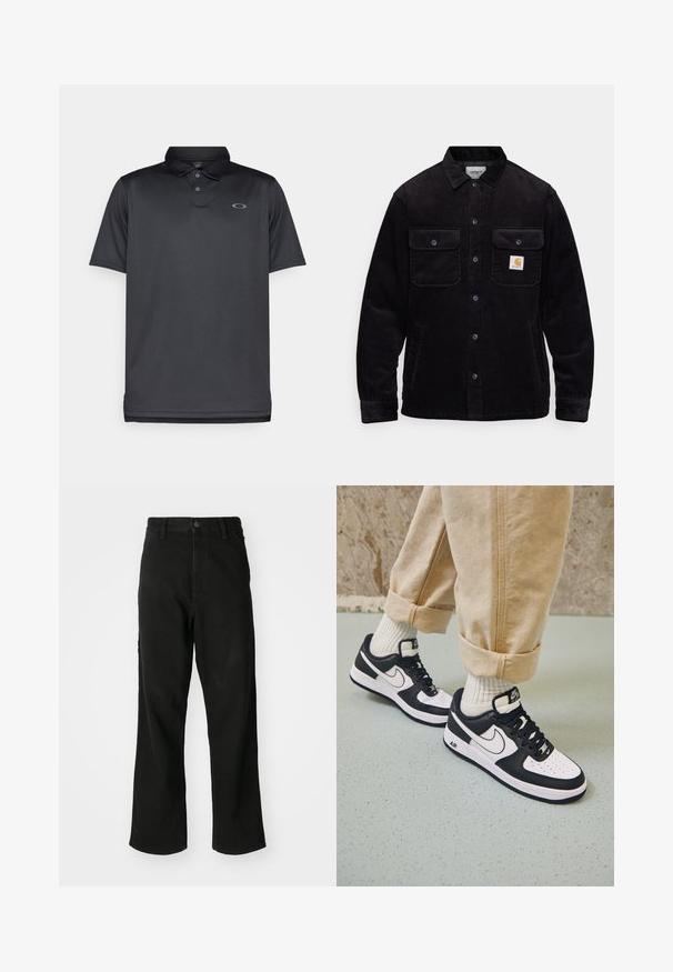 Mustat corduroy-takit, joissa on kaksi rintataskua läpillä, nappikiinnitys ja logopatch vasemmassa taskussa. Tekstuuroitu kangas.; Musta poolopaita, joka on valmistettu sileästä kankaasta, jossa on kaulus, kolme nappia, lyhyet hihat ja pieni harmaa logo vasemmassa rinnassa.; Mustat suoralahkeiset farkut, joissa on nappisuljenta, vyölenkit ja etutaskut valkoisella taustalla.; Mustat ja valkoiset Nike Air Force 1 -tennarit, joissa on nahkavarsi, rei'itetty varvas ja teksturoitu pohja, käytetty vaaleanbeigejen käännettyjen housujen ja valkoisten sukkien kanssa.