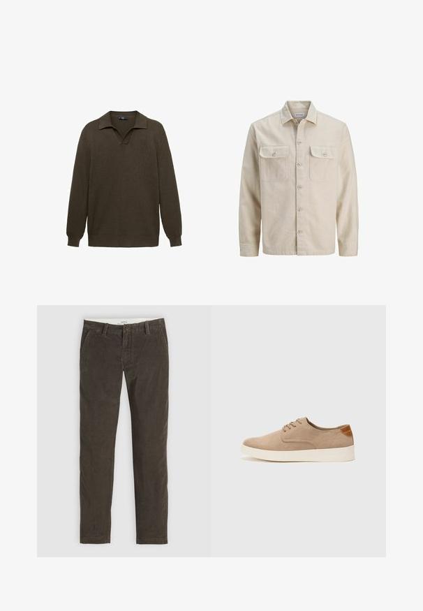Beżowa koszula zapinana na guziki z miękkiej tkaniny, z dwoma kieszeniami na piersi, długimi rękawami oraz prostym dołem. Gładka tekstura, bez wzorów.; Oliwkowy sweter dzianinowy z kołnierzykiem w serek, długimi rękawami, prążkowaną teksturą i luźnym krojem. Brak widocznych wyraźnych wzorów lub akcentów.; Brązowe spodnie z kordurojowego materiału w prostym kroju, z zapięciem na guzik, kieszeniami bocznymi i delikatną fakturą.; Beżowe zamszowe sneakersy z okrągłym noskiem, sznurowanym przodem i teksturowanym akcentem na tyle. Biała gumowa podeszwa tworzy kontrast. Prosty i nowoczesny design.