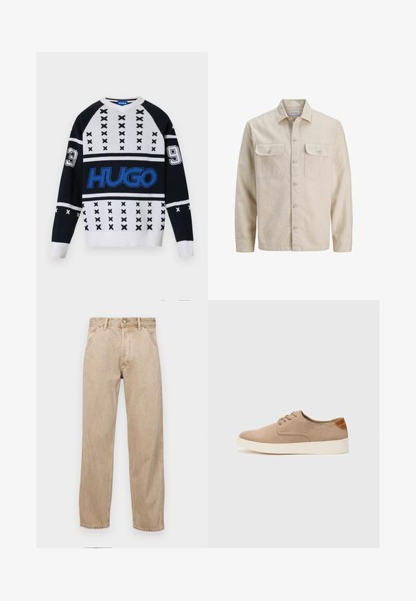 Béžová košile na knoflíky z měkké tkaniny, s dvěma náprsními kapsami, dlouhými rukávy a rovnými lemy. Hladká textura bez vzorů.; Černobílý pletený svetr s geometrickými vzory, s výrazným modrým logem a číslovanými detaily (3 a 9) na rukávech. V-krční design.; Béžové džíny z denimu se středně širokým střihem, vybavené předními kapsami, kovovým zapínáním na knoflík a jemnou texturou.; Béžové semišové tenisky s kulatou špičkou, šněrováním vpředu a texturovaným zadním akcentem. Bílá gumová podrážka poskytuje kontrast. Jednoduchý a moderní design.
