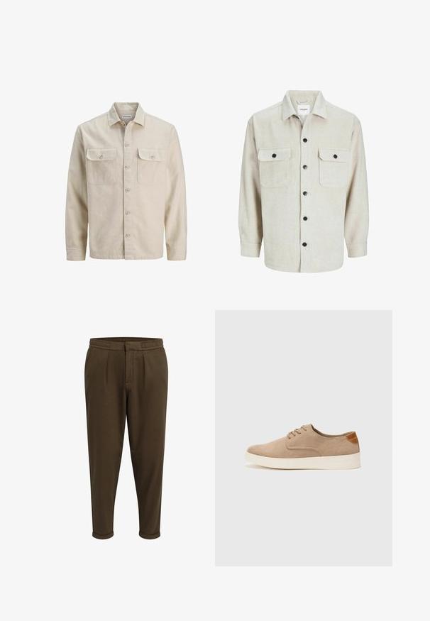 Beige button-up shirt in soft fabric, featuring two chest pockets, long sleeves, and a straight hem. Plain texture with no patterns.; Beige flannel shirt with a collared neckline, featuring two chest pockets, black buttons, and long sleeves with buttoned cuffs.; Redefined Rebel JOHNNY CROPPED SLIM FIT - Trousers - tarmac; Beige suede sneakers with a rounded toe, lace-up front, and a textured back accent. White rubber sole provides contrast. Simple and modern design.